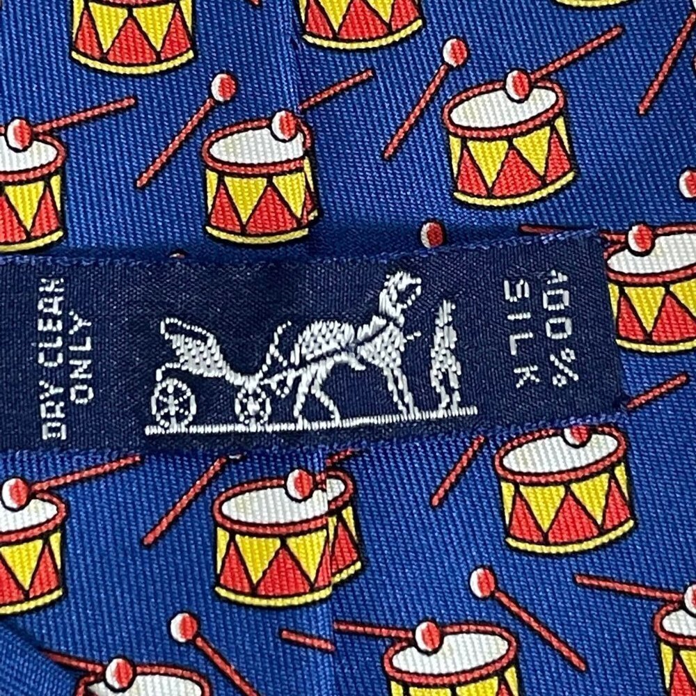 Hermes‎ Designer Silk Necktie Blue Novelty Print Snare Drums 7565 SA France - Picture 5 of 6